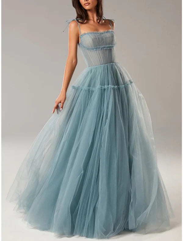 Luolandi A-Line Evening Gown Elegant Dress Formal Floor Length Sleeveless Spaghetti Strap Tulle with Bow(s) Pleats Prom Dress